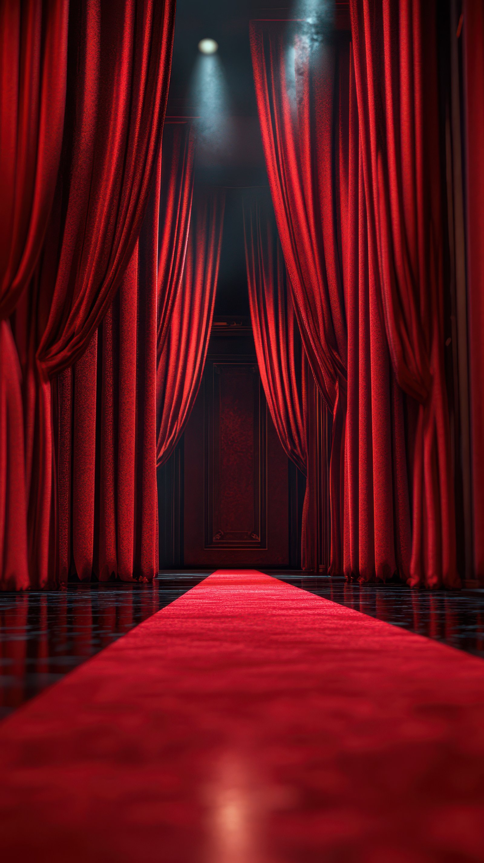 Red velvet curtains frame a dramatic entryway in an elegant theater setting